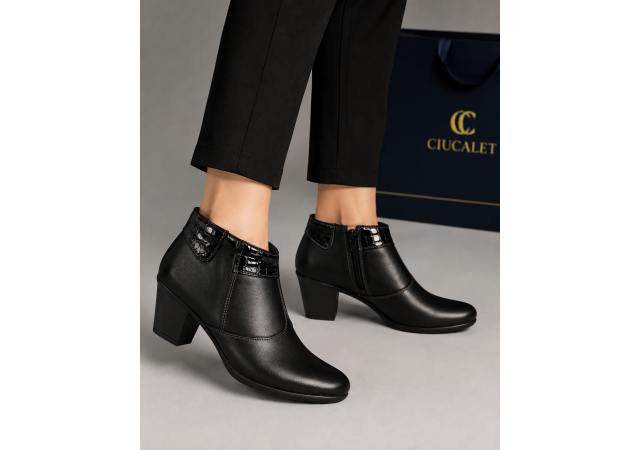 Botine dama negre din piele naturala box cu toc gros si fermoar lateral MV4NBOX
